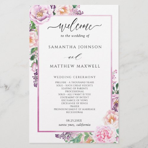Elegant Pink and Purple Floral Wedding Program