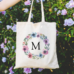 Elegant Pink and Purple Floral Wreath Monogra Tote Bag