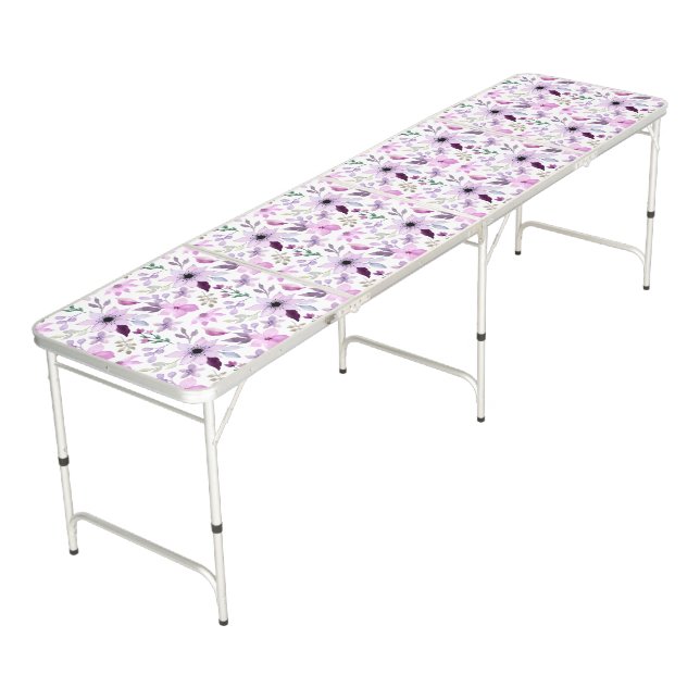 Elegant Pink and Purple Flower Pattern Beer Pong Table (Angled)