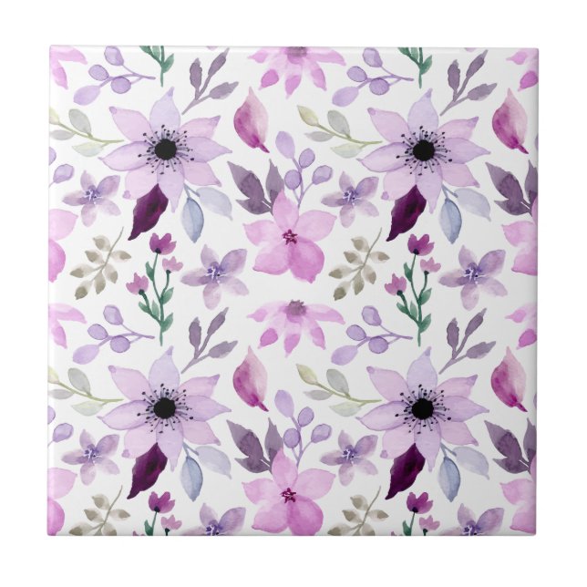 Elegant Pink and Purple Flower Pattern Ceramic Tile (Front)