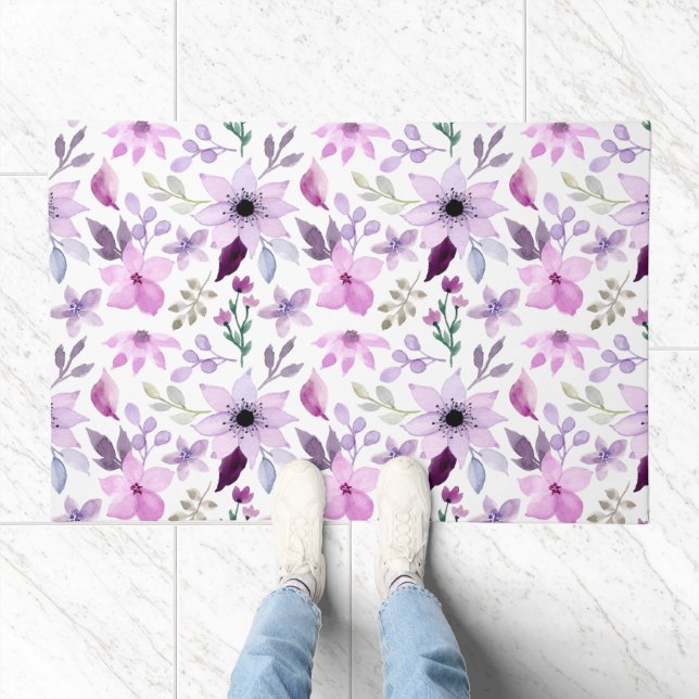 Elegant Pink and Purple Flower Pattern Doormat (Indoor)