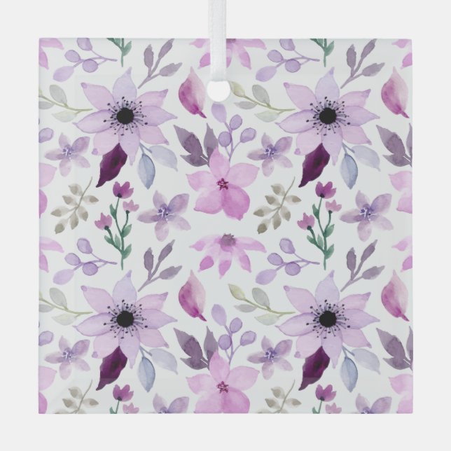 Elegant Pink and Purple Flower Pattern Glass Ornament (Front)