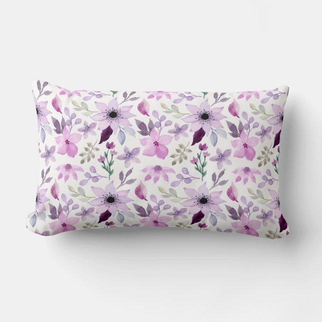 Elegant Pink and Purple Flower Pattern Lumbar Pillow (Front)