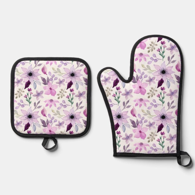Elegant Pink and Purple Flower Pattern Oven Mitt & Pot Holder Set (Front)
