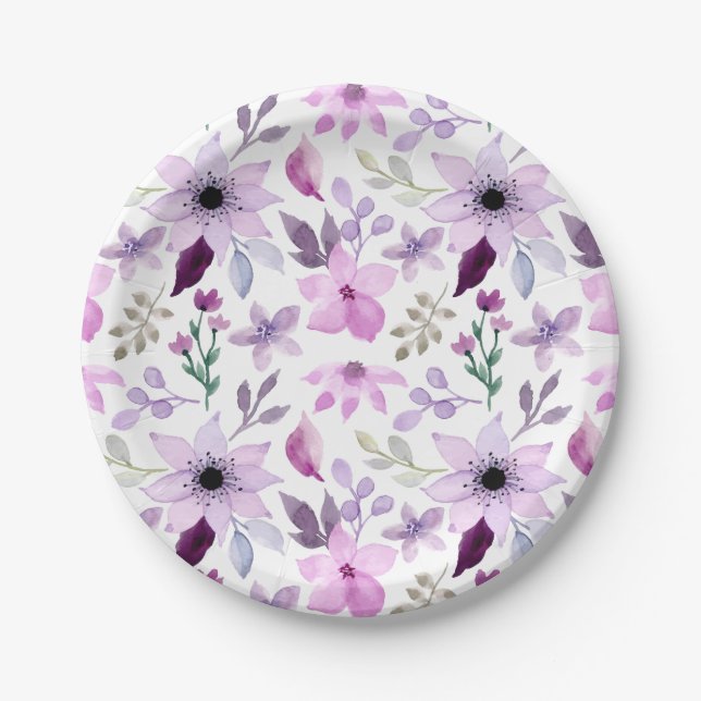 Elegant Pink and Purple Flower Pattern Paper Plates (Front)