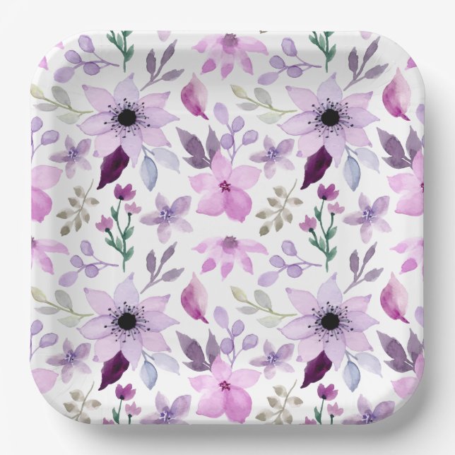 Elegant Pink and Purple Flower Pattern Paper Plates (Front)