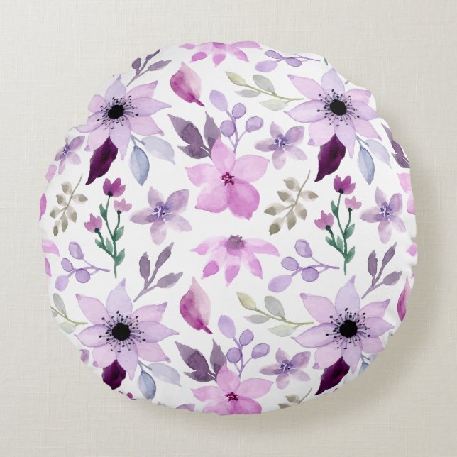 Elegant Pink and Purple Flower Pattern Round Pillow (Front)