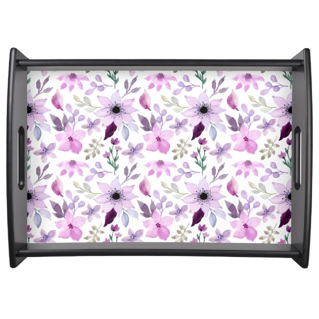 Elegant Pink and Purple Flower Pattern Serving Tray (Front)
