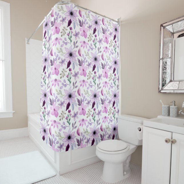 Elegant Pink and Purple Flower Pattern Shower Curtain (In Situ)
