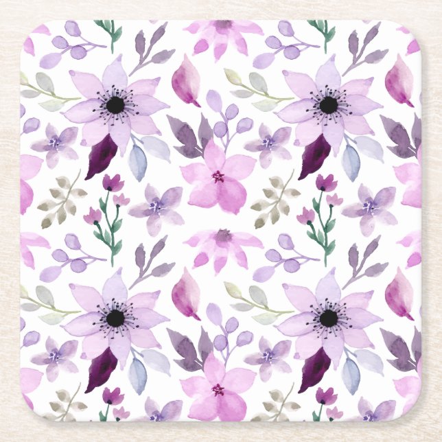 Elegant Pink and Purple Flower Pattern Square Paper Coaster (Front)
