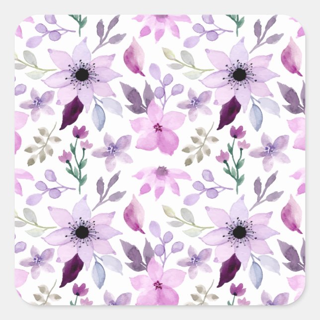 Elegant Pink and Purple Flower Pattern Square Sticker (Front)