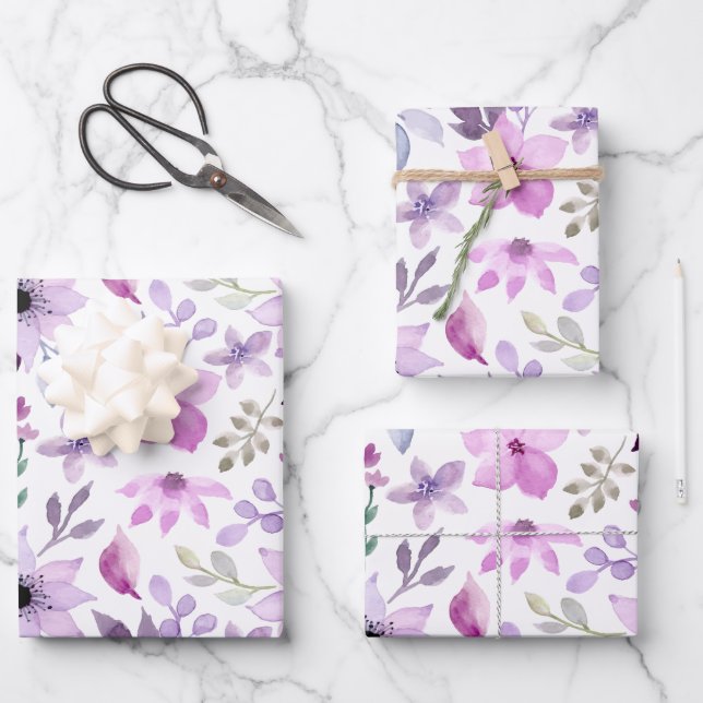 Elegant Pink and Purple Flower Pattern Wrapping Paper Sheets (Front)