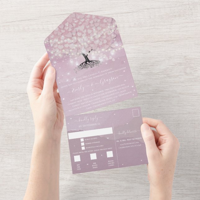 Elegant Pink and Purple Heart Leaf Tree Wedding All In One Invitation (Tearaway)