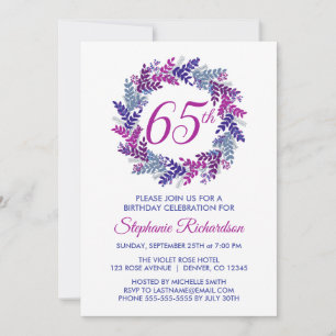 Elegant Pink and Purple Wreath 65th Birthday Invitation