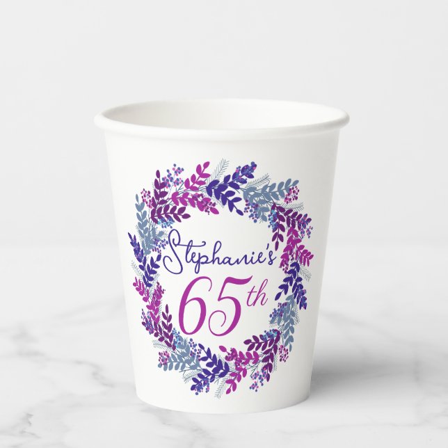 Elegant Pink and Purple Wreath 65th Birthday Paper Cups (Front)