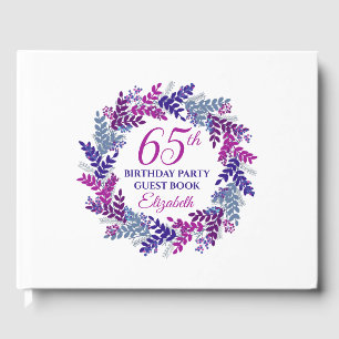 Elegant Pink and Purple Wreath 65th Birthday Party Guest Book