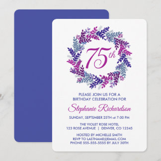 Elegant Pink and Purple Wreath 75th Birthday Invitation