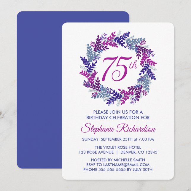Elegant Pink and Purple Wreath 75th Birthday Invitation (Front/Back)