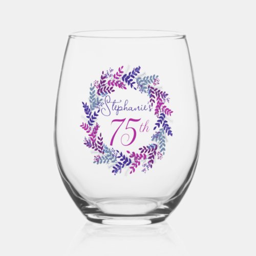 Elegant Pink and Purple Wreath 75th Birthday Party Stemless Wine Glass