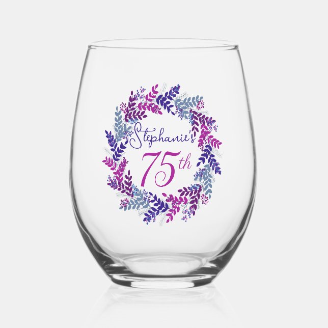 Elegant Pink and Purple Wreath 75th Birthday Party Stemless Wine Glass (Front)