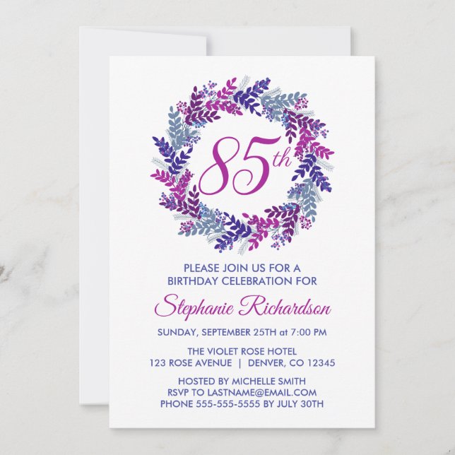 Elegant Pink and Purple Wreath 85th Birthday Invitation (Front)