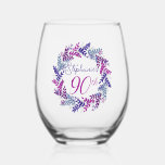 Elegant Pink and Purple Wreath 90th Birthday Party Stemless Wine Glass<br><div class="desc">Elegant Pink and Purple 90th Birthday Party Wine Glass This is a special unique elegant pink and purple wreath Birthday Party Wine Glass specially designed for your friends who are turning 90. Personalize this birthday wine glass with their name. Pair this wine glass with a personalized wine label and bottle...</div>