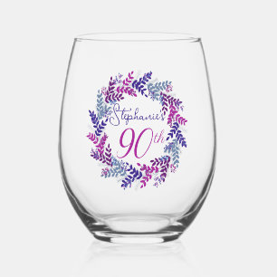 Elegant Pink and Purple Wreath 90th Birthday Party Stemless Wine Glass