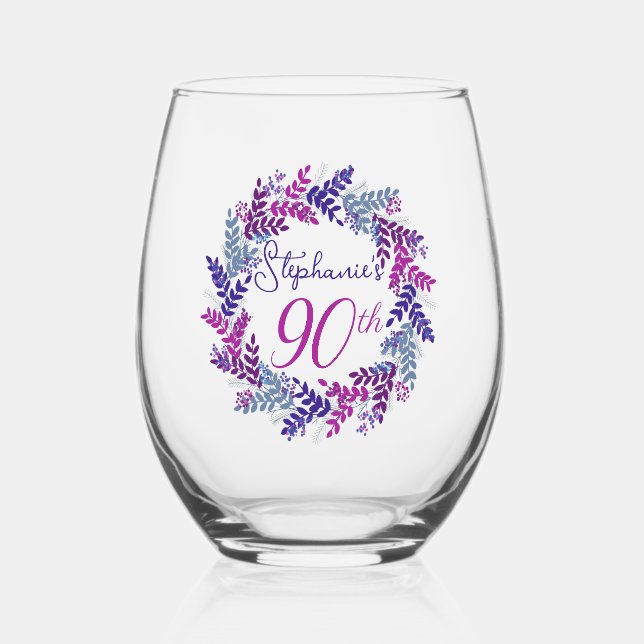 Elegant Pink and Purple Wreath 90th Birthday Party Stemless Wine Glass (Front)