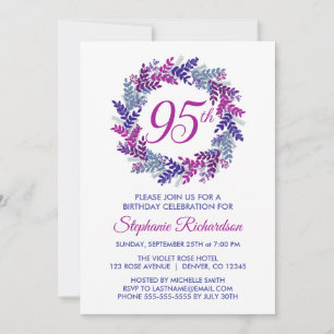 Elegant Pink and Purple Wreath 95th Birthday Invitation