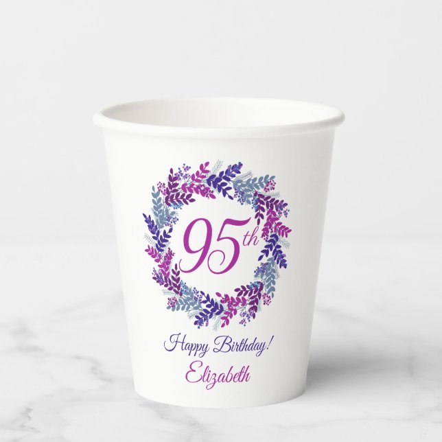Elegant Pink and Purple Wreath 95th Birthday Paper Cups (Front)