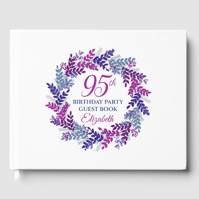 Elegant Pink and Purple Wreath 95th Birthday Party Guest Book (Front)