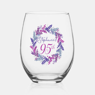 Elegant Pink and Purple Wreath 95th Birthday Party Stemless Wine Glass