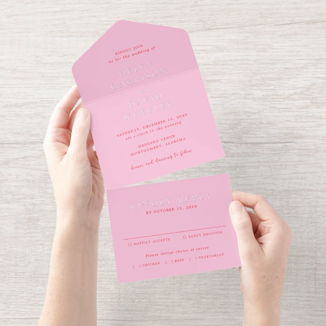 Elegant Pink and Red Classic Wedding All In One Invitation (Tearaway)