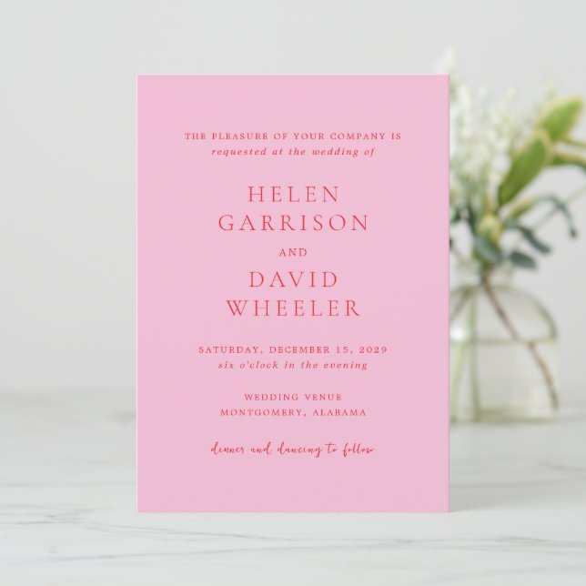 Elegant Pink and Red Classic Wedding Invitation (Standing Front)