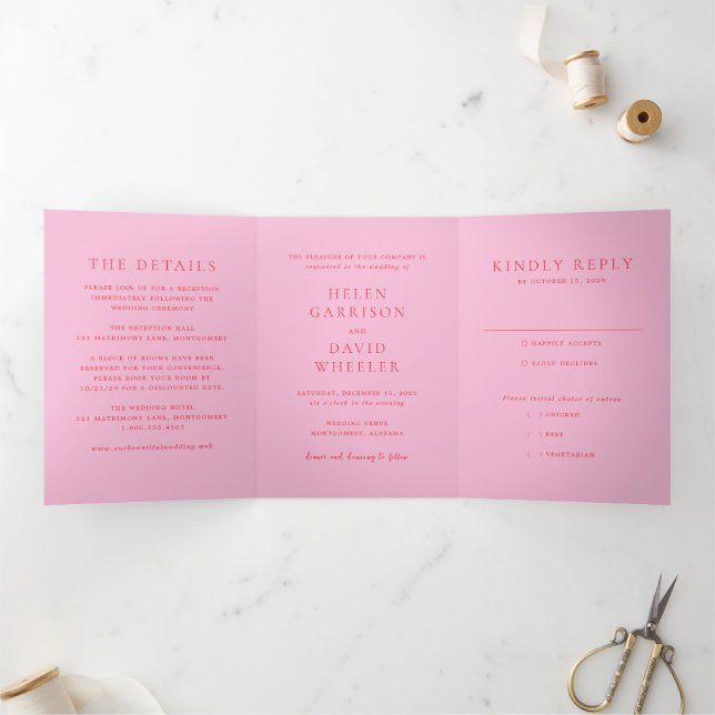 Elegant Pink and Red Classic Wedding Tri-Fold Invitation (Inside)
