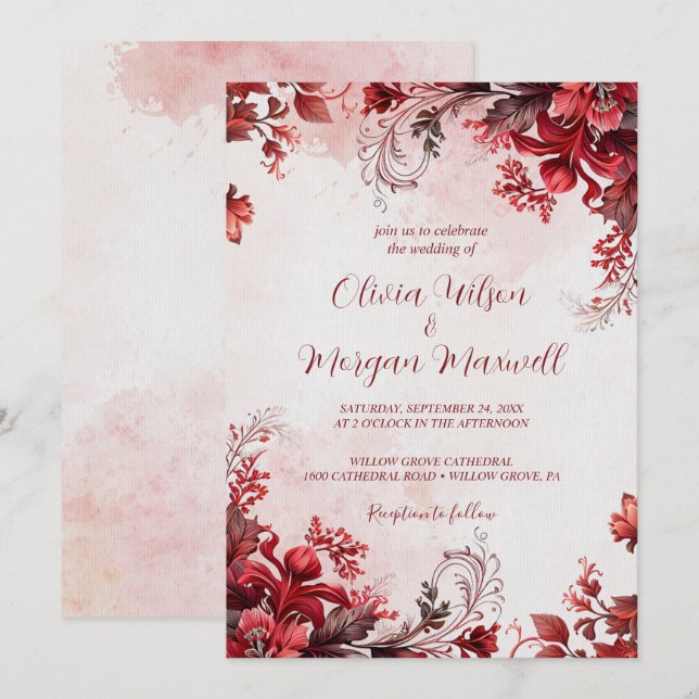 Elegant Pink and Red Floral Wedding  Invitation (Front/Back)