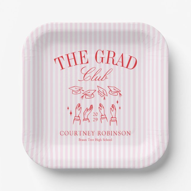 Elegant Pink and Red Grad Club Graduation Paper Plates (Front)