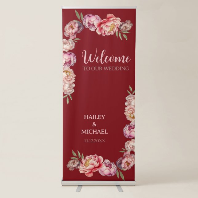 Elegant Pink and Red Peony Flower Ceremony Retractable Banner (Front)