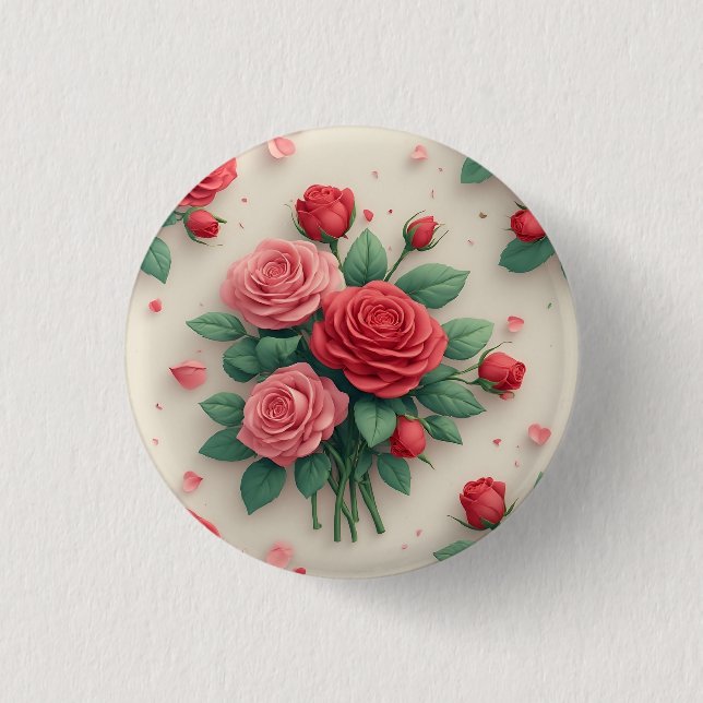 Elegant Pink and Red Rose Bouquets Button (Front)