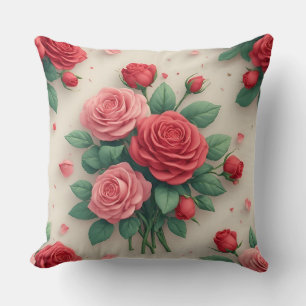 Elegant Pink and Red Rose Bouquets Throw Pillow