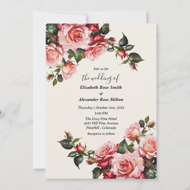 Elegant pink and red roses floral wedding invitation (Front)