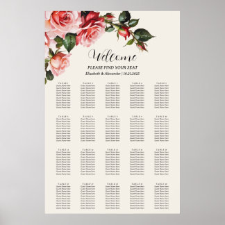 Elegant pink and red roses wedding seating chart
