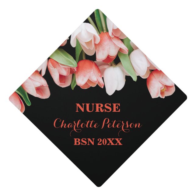 Elegant Pink and Red  Tulip Flowers Nurse Graduation Cap Topper (Front)