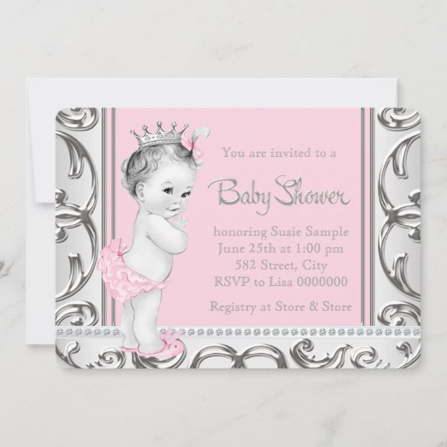 Elegant Pink and Silver Baby Shower Invitation (Front)