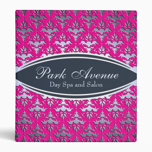 Elegant Pink and Silver Damask Beauty Salon 3 Ring Binder (Front)