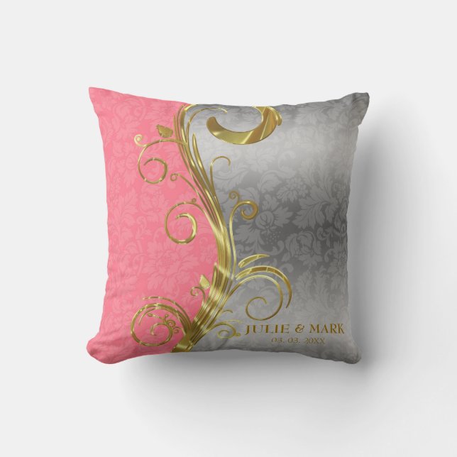 Elegant Pink And Silver Damask Throw Pillow (Front)