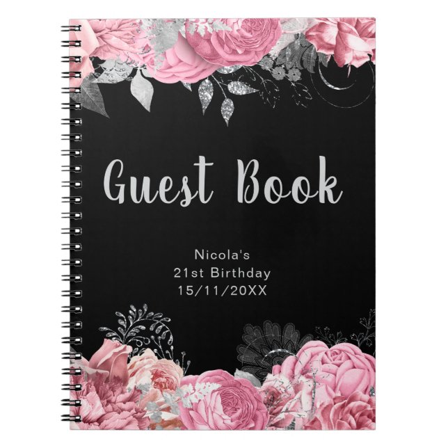 Elegant Pink and Silver Flower Birthday Guest Book (Front)