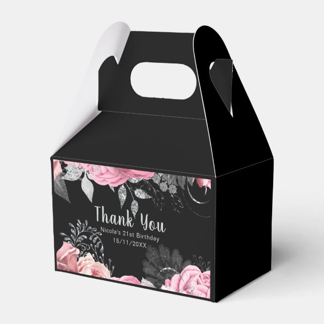 Elegant Pink and Silver Flowers Birthday Favor Boxes (Front Side)