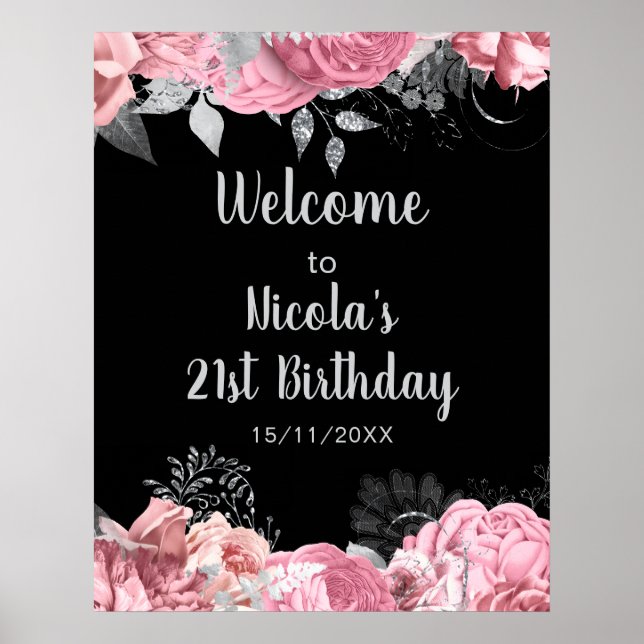 Elegant Pink and Silver Flowers Birthday Part  Poster (Front)