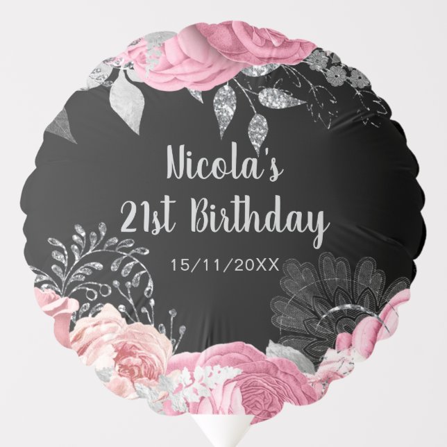 Elegant Pink and Silver Flowers Birthday Party Balloon (Front)